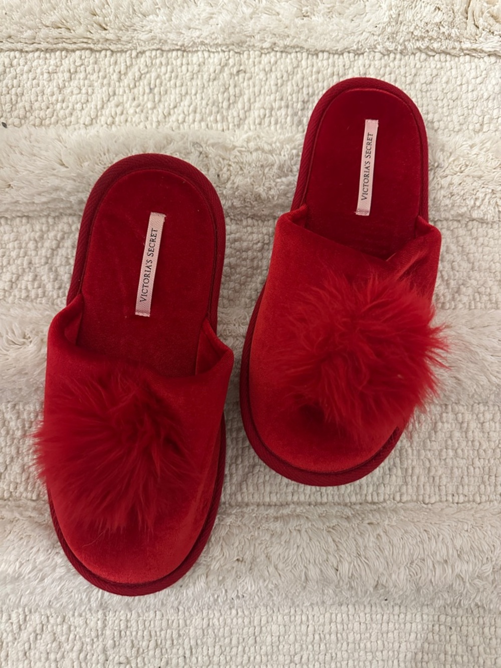 Victoria's Secret Red Plush Pom Slide Slippers
